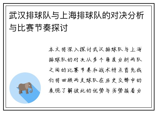 武汉排球队与上海排球队的对决分析与比赛节奏探讨