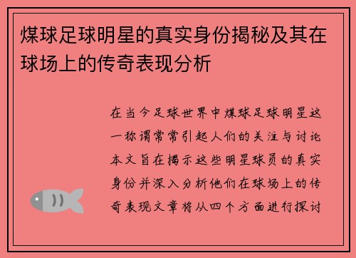 煤球足球明星的真实身份揭秘及其在球场上的传奇表现分析